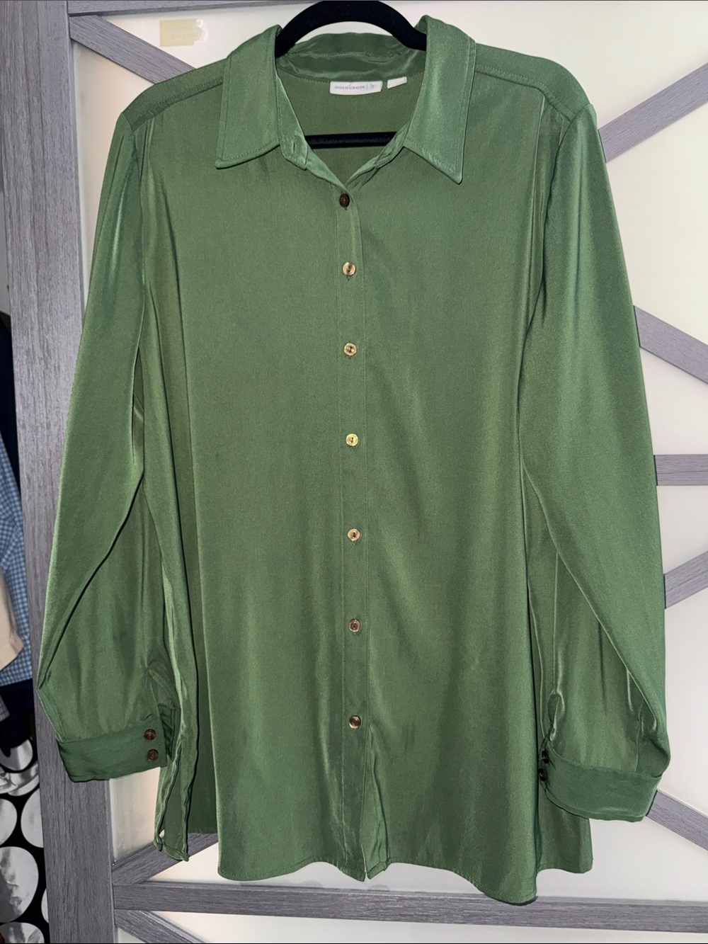Susan Graver Green Button Front Long Sleeve Blouse Tunic Size L